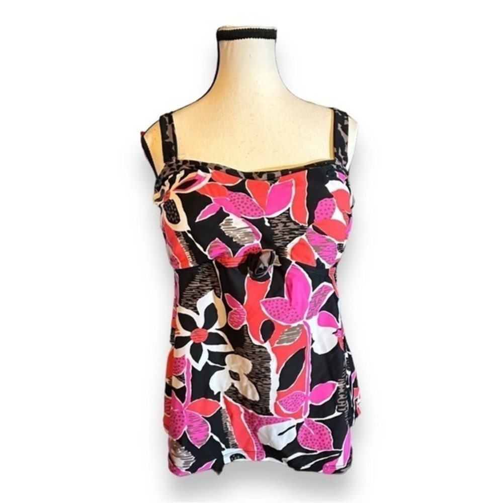 Women’s Island Escape 14 14w Pink Black Floral Animal Cheetah Print Tankini Top